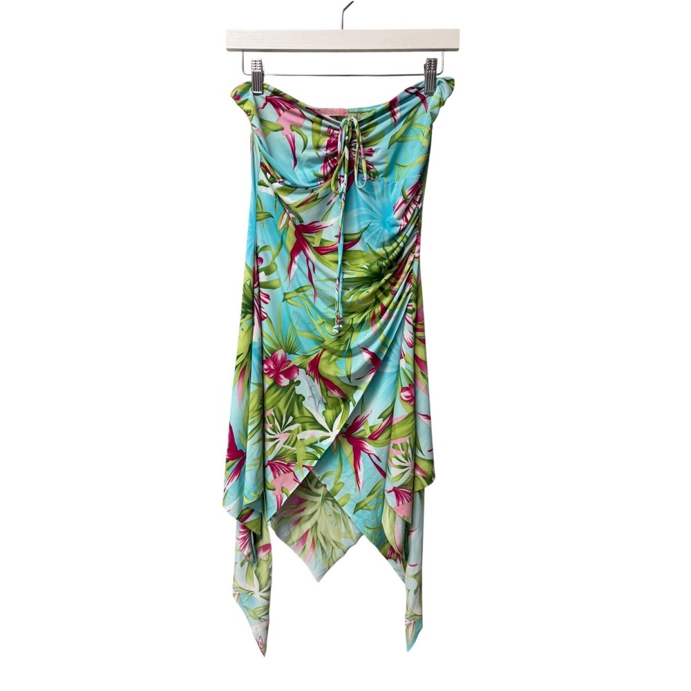 VTG Forever 21 Strapless Asymmetrical Dress Women M Tropical Floral Y2K Fairy
